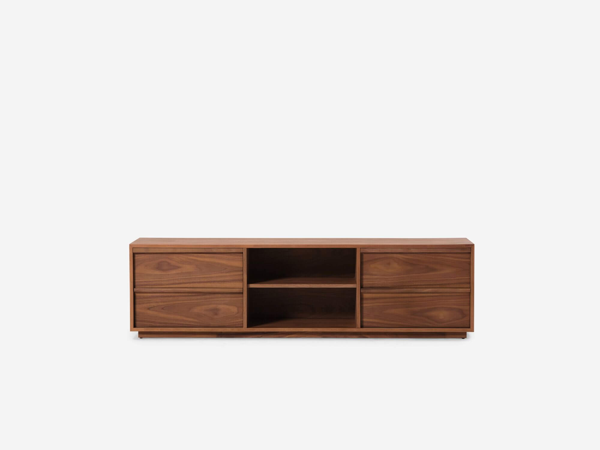 Front view of modern walnut tv stand